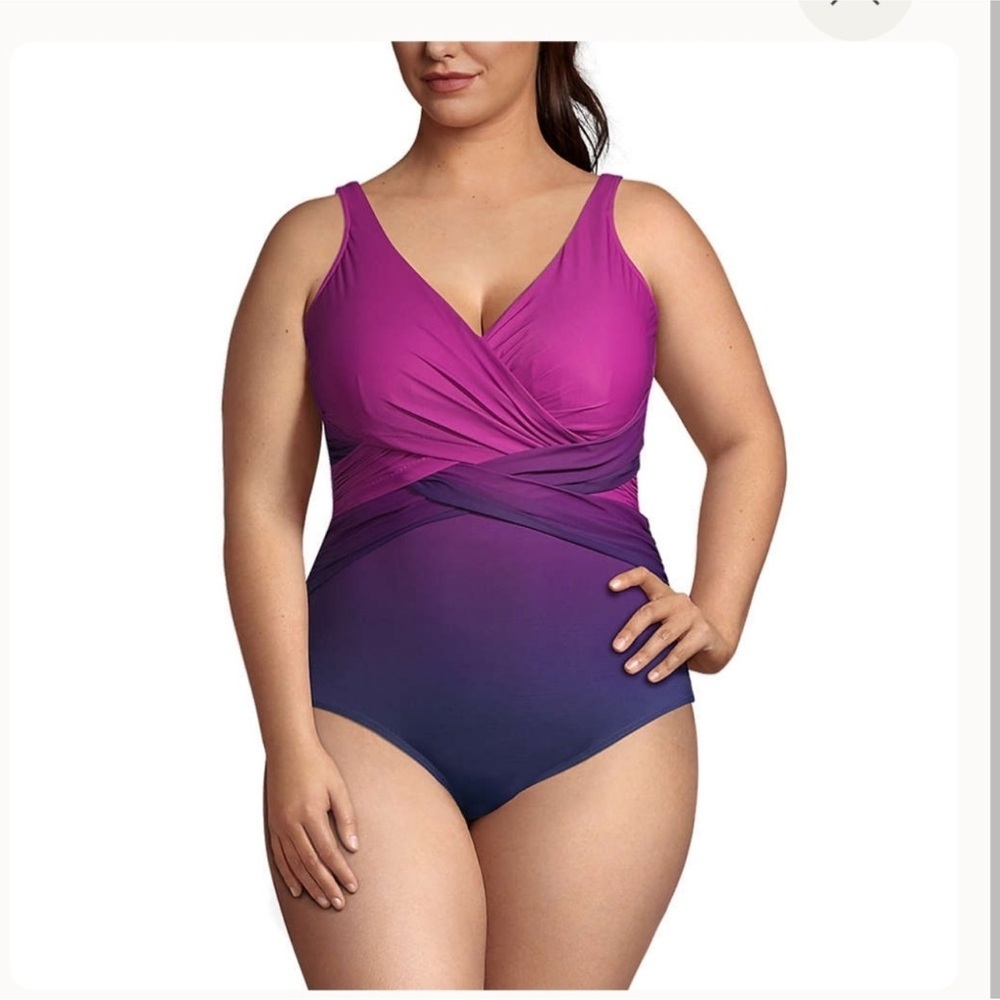 Lands' End Purple and Fuchsia Pink One Piece Wrap Swimsuit
